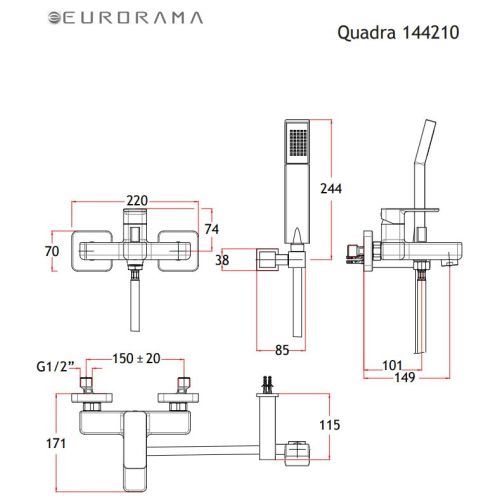 ΜΠΑΤΑΡΙΑ ΛΟΥΤΡΟΥ ΠΛΗΡΕΣ EURORAMA QUADRA 144210 Black Matt