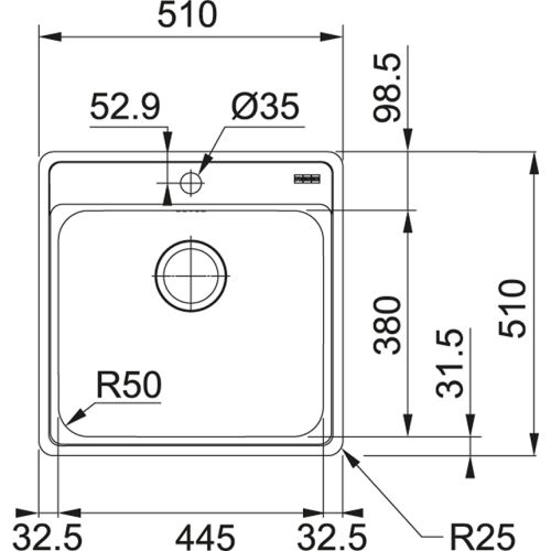 ΝΕΡΟΧΥΤΗΣ ΕΝΘΕΤΟΣ FRANKE Bell BCX 610-51 Inox Λείος 51x51cm