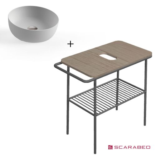 ΕΠΙΠΛΟ ΜΠΑΝΙΟΥ ΠΑΓΚΟΣ FUJI 80 6018-8949 ROVERE NODATO / BLACK MATT & ΝΙΠΤΗΡΑΣ ΕΠΙΤΡΑΠΕΖΙΟΣ SCARABEO GLAM 1808 PEARL (White Matt) 79x45xh77cm