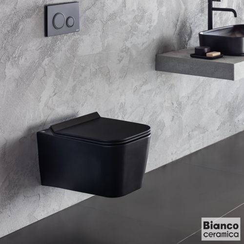 ΛΕΚΑΝΗ WC Rimless ΚΡΕΜΑΣΤΗ ΜΕ ΚΑΛΥΜΜΑ BIANCO Ceramica ENZO Black Matt 55,5x36 cm