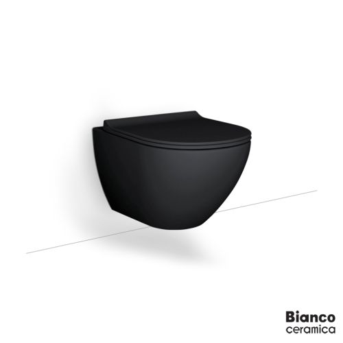 ΛΕΚΑΝΗ WC Rimless ΚΡΕΜΑΣΤΗ ΜΕ ΚΑΛΥΜΜΑ BIANCO Ceramica REMO Black Matt 56 x 36,5 cm