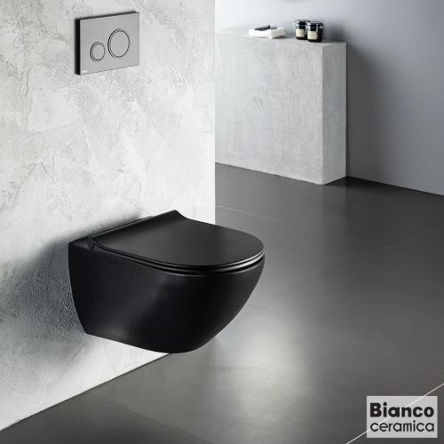 ΛΕΚΑΝΗ WC Rimless ΚΡΕΜΑΣΤΗ ΜΕ ΚΑΛΥΜΜΑ BIANCO Ceramica REMO Black Matt 56 x 36,5 cm