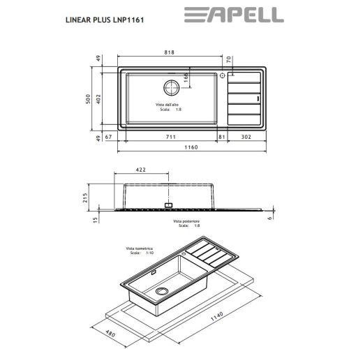 ΑΝΟΞΕΙΔΩΤΟΣ ΝΕΡΟΧΥΤΗΣ ΚΟΥΖΙΝΑΣ ΕΝΘΕΤΟΣ APELL LINEAR PLUS LNP1161 R Λείος 116x50 cm 
